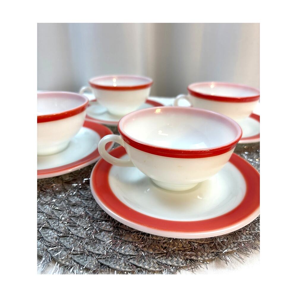 Pyrex Flamingo Pink Teacups and Saucers Set of Four Retro 1950s Collectible